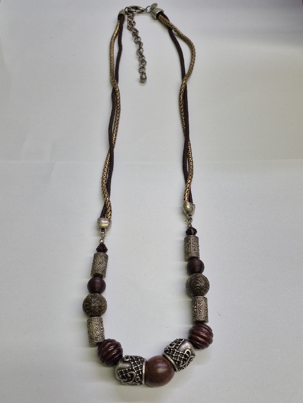 Chico's Chunky Bohemian Brown Wood & Silver-Tone Bead Necklace